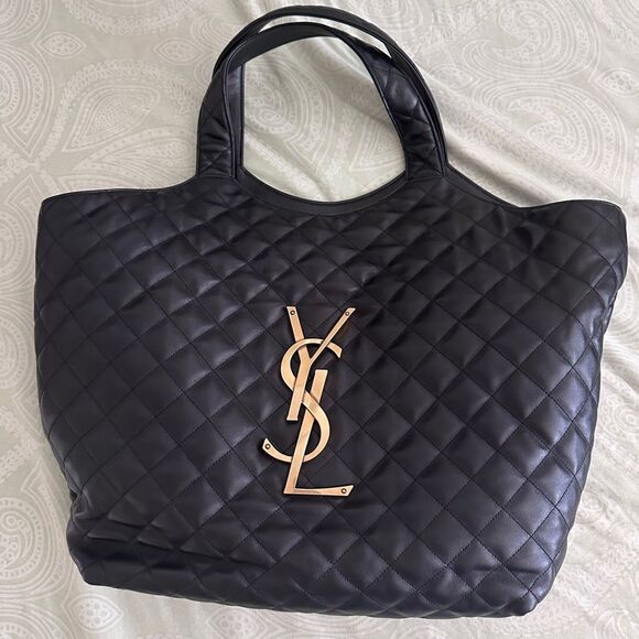 YSL, Saint Laurent iCare Tote Bag and Pouch, Black Quilted Leather - Picture 1 of 14
